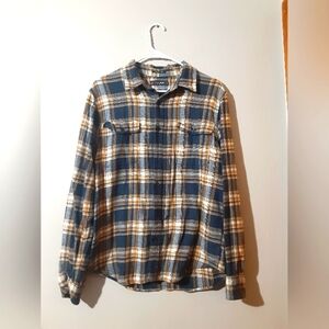 Lucky Brand Navy Beige Plaid Flannel Shirt Button Down Front Pockets Men's  M